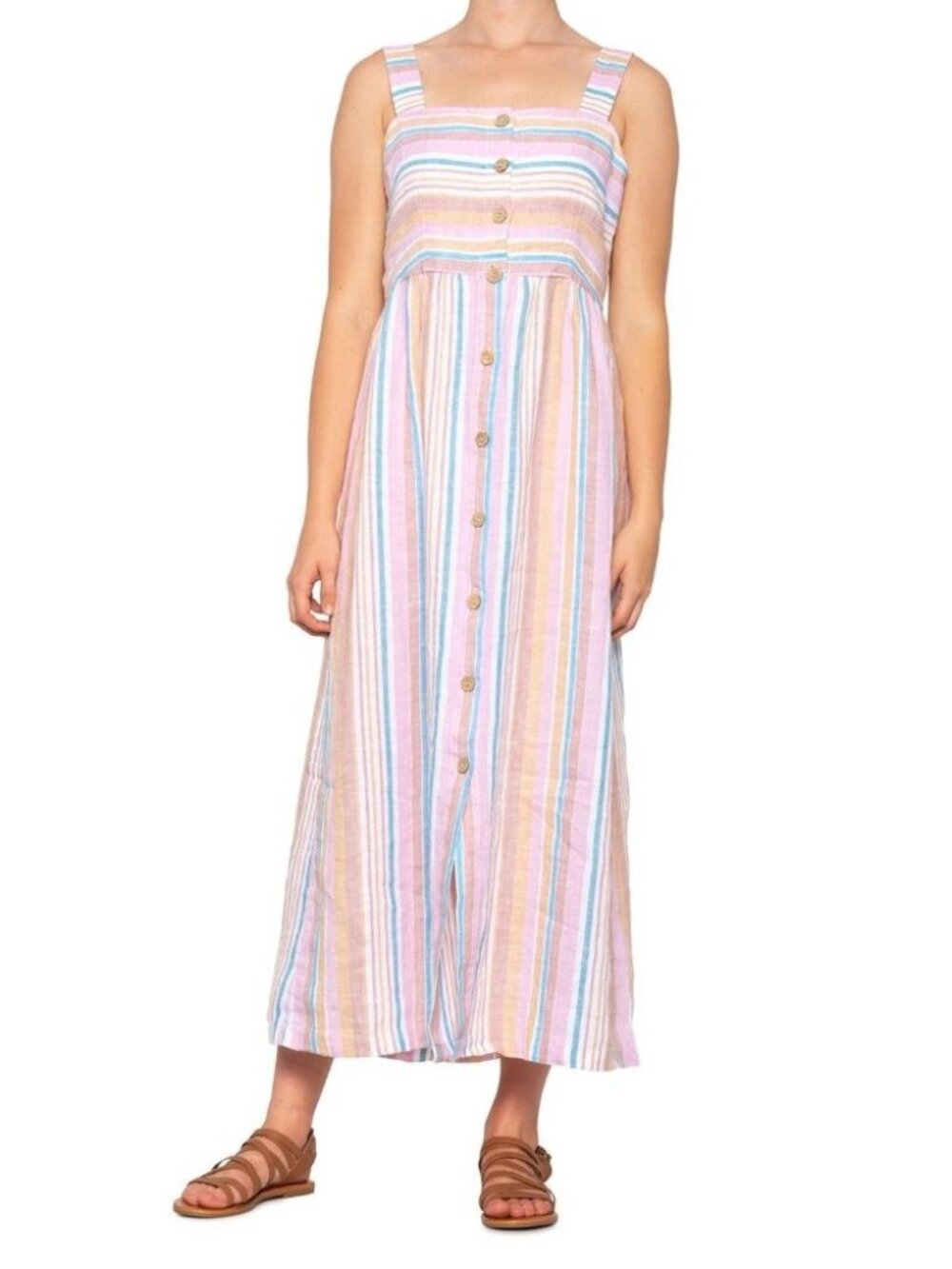 C&C California Striped Linen Midi Maxi Dress Coastal Beach Boho Sleeveless Pink